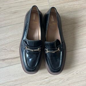 Sam Edelman Black Leather Loafers with Gold Buckle